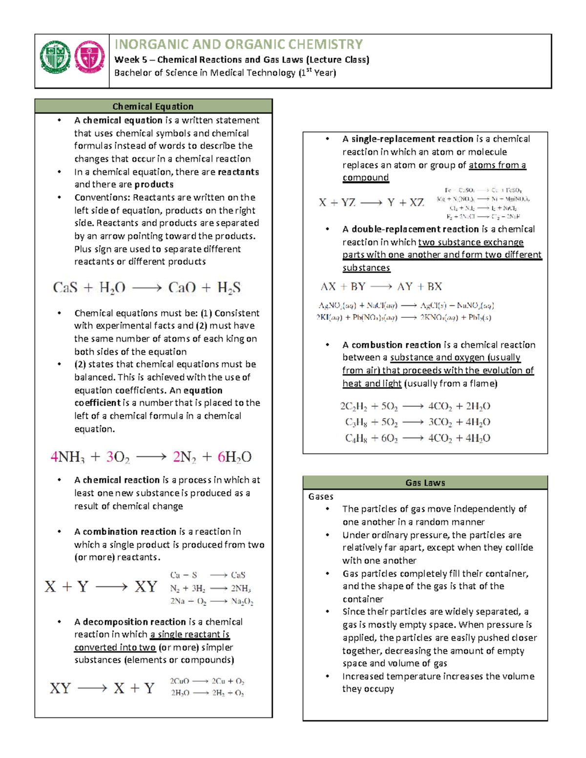 WEEK 5 CHEM (Lec) - Chemical Reactions & Gas Laws Overview - Studocu