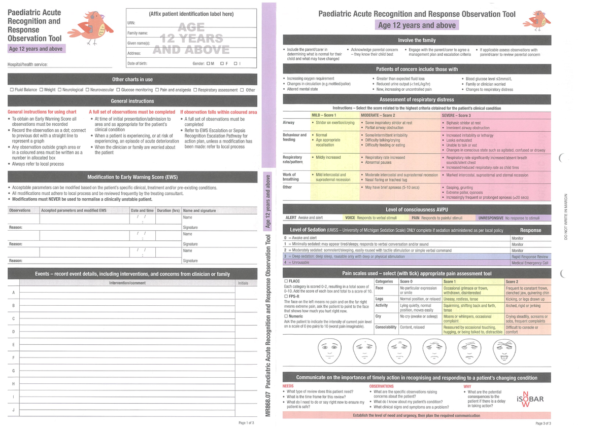 Paediatric Acute Response Tool: Age 12+ Assessment Guidelines - Studocu