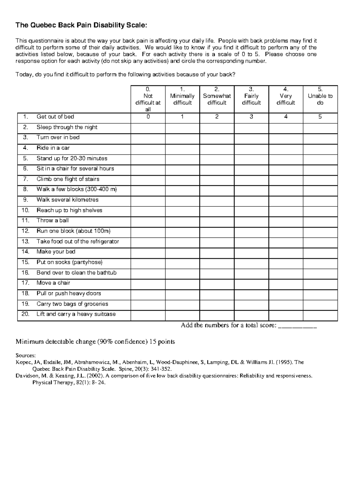 Quebec Back Pain Disability Scale Questionnaire - Studeersnel