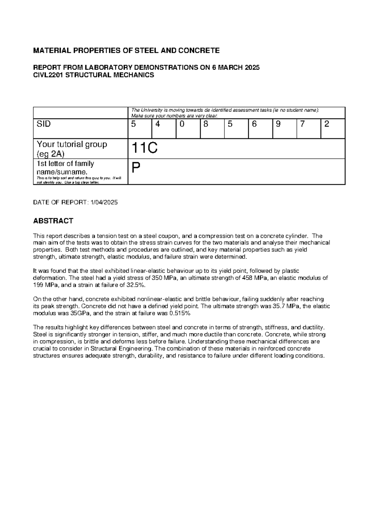Material Properties of Steel and Concrete: CIVL2201 Lab Report - Studocu
