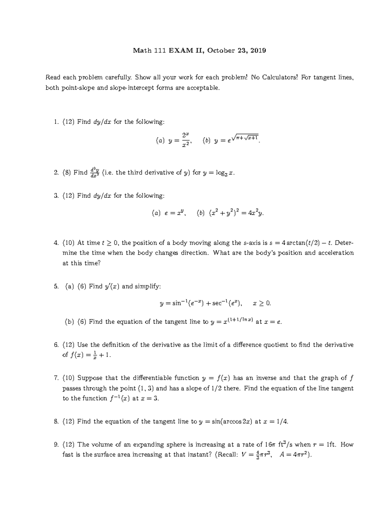 Math 111 Exam II: Calculus Problems & Solutions, Fall 2019 - Studocu