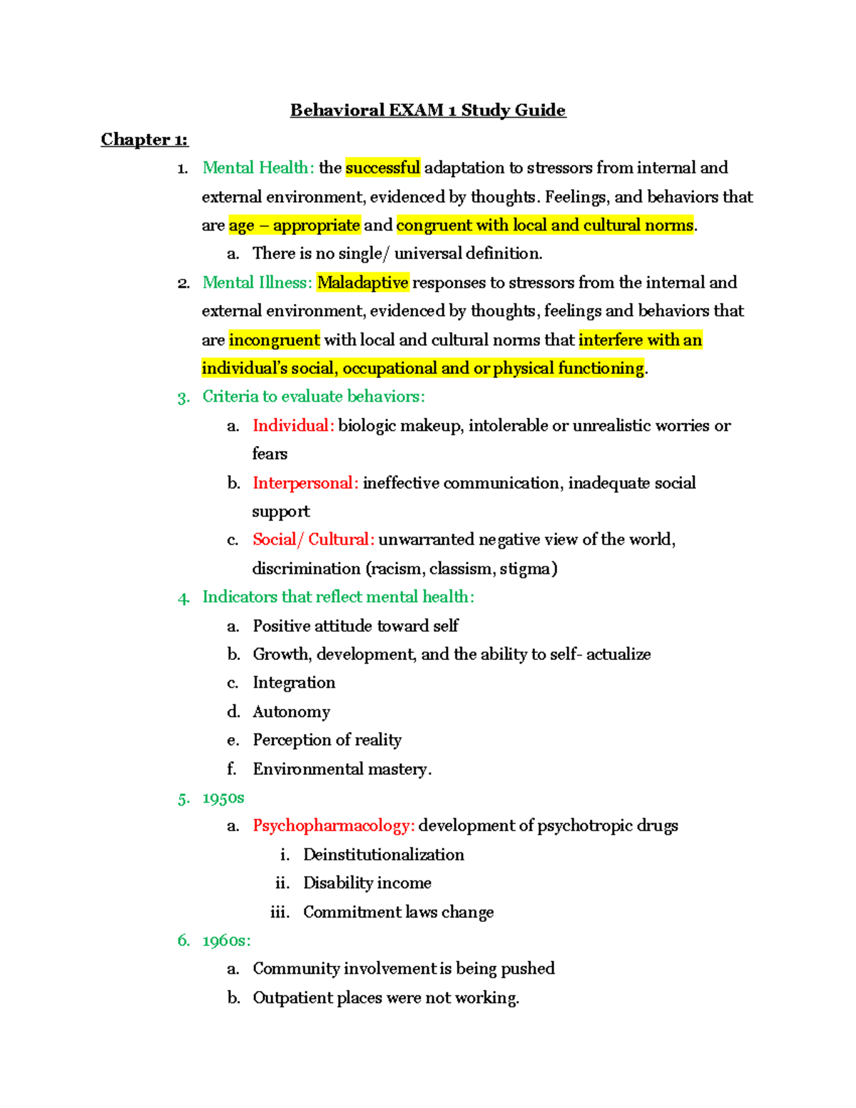 Behavioral Health EXAM 1 Study Guide: Key Concepts & Mental Health ...