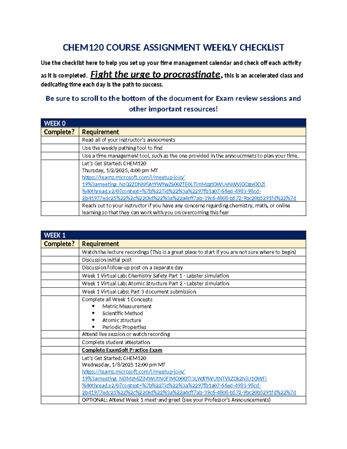 CHEM120 Weekly Checklist and Resources JAN25 - CHEM120 COURSE ...
