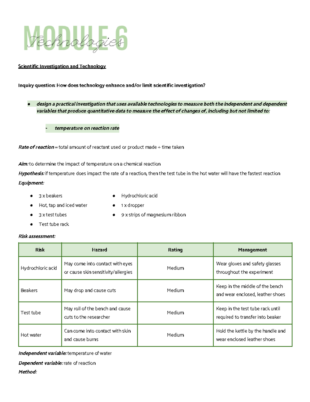 YR 12 Module 6 Technologies: Enhancing Scientific Investigations ...