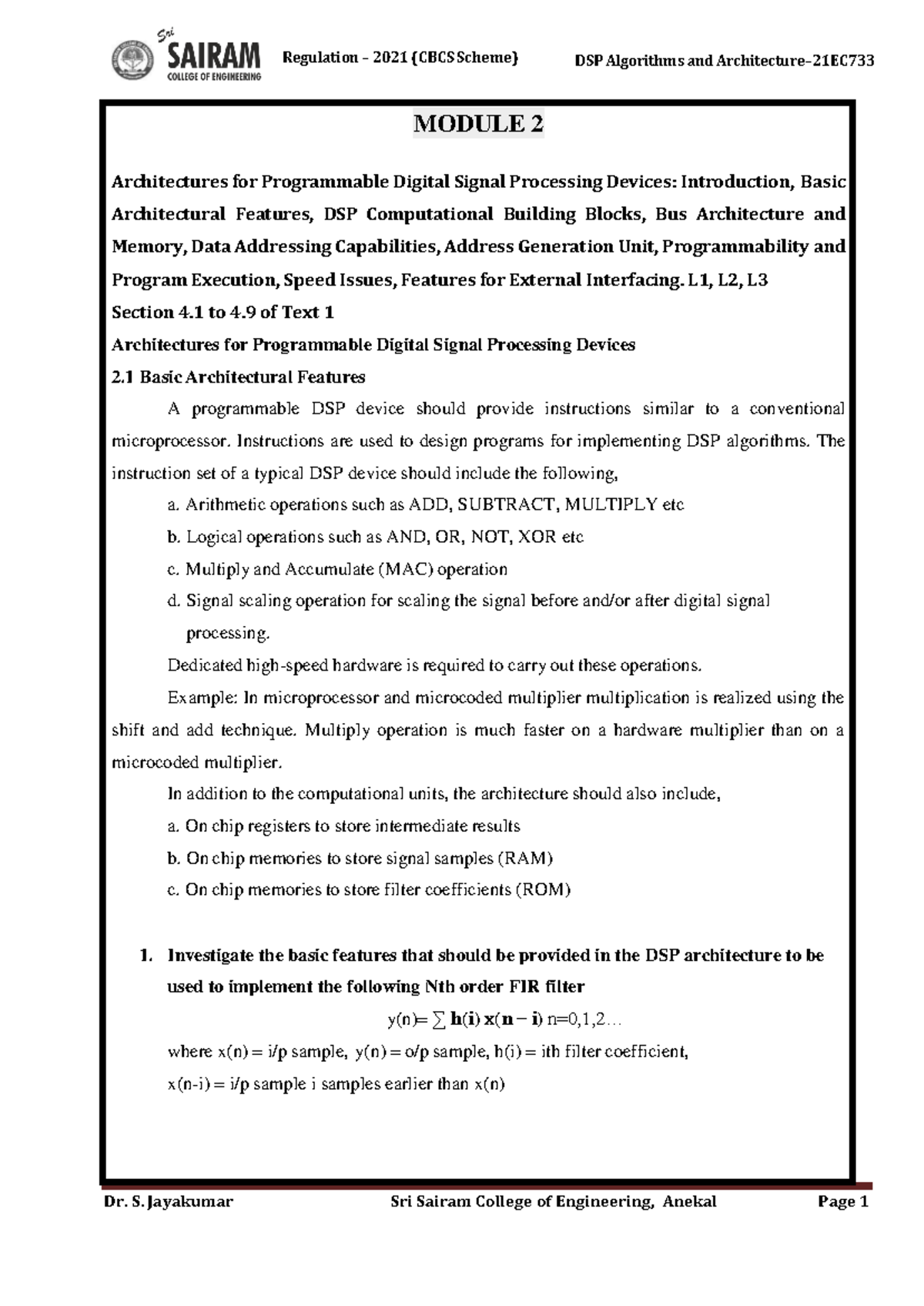 Architectures -module 2-dspaa - Module 2 Architectures For Programmable 