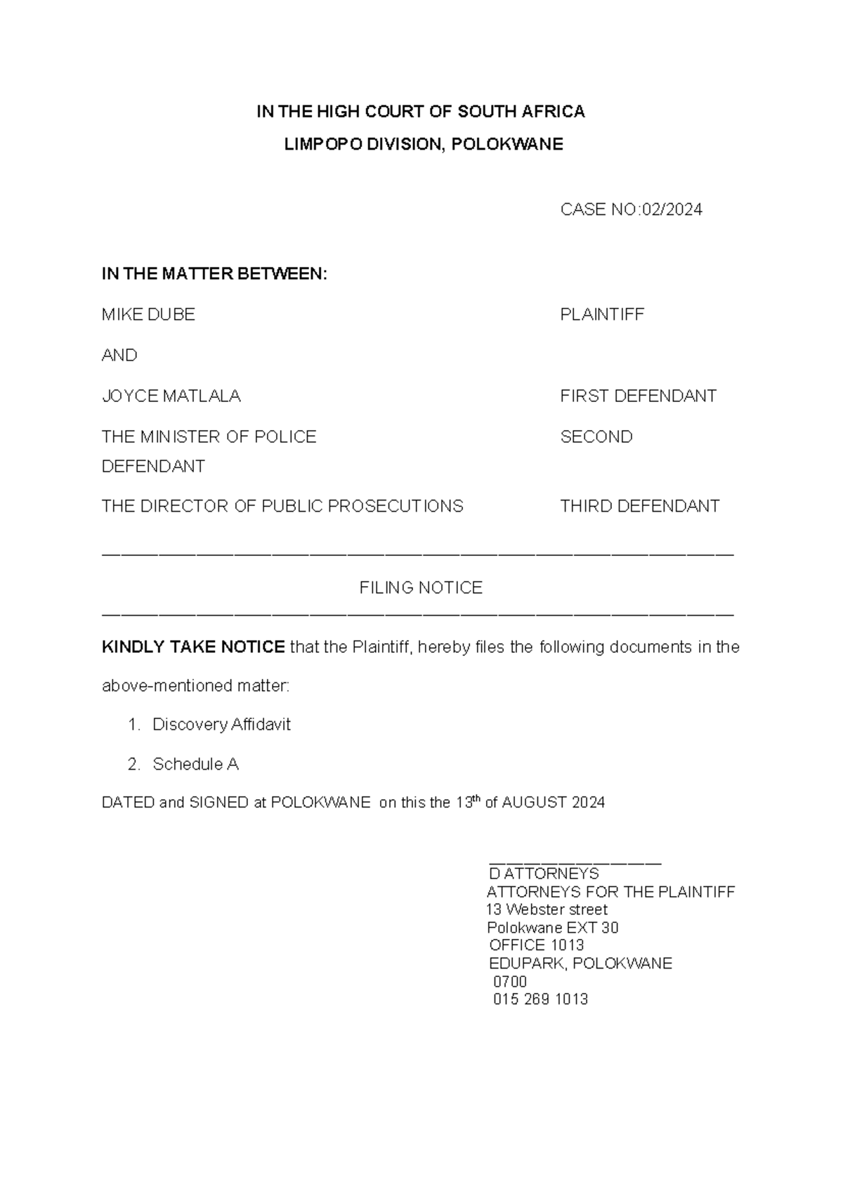 Discovery Affidavit Example - Case No: 02/2024 - High Court, Limpopo ...