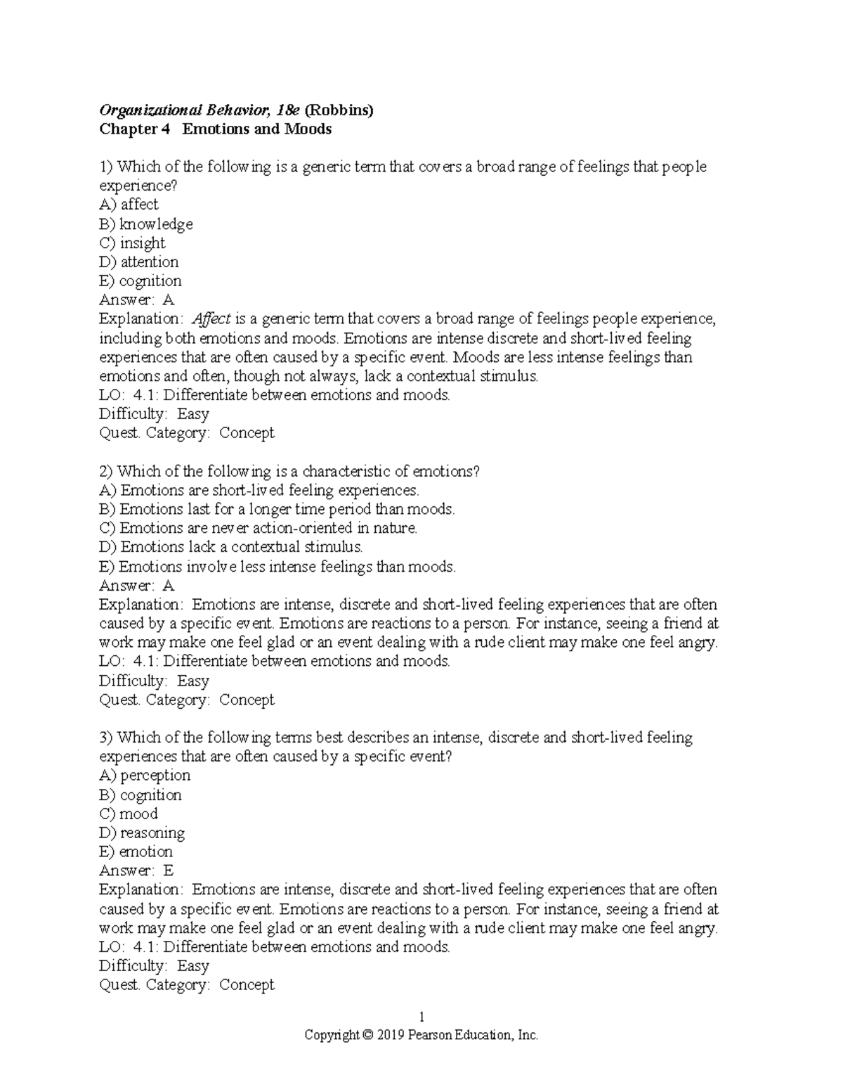 Chapter 4 - Test Bank on Emotions and Moods in Org. Behavior - Studocu