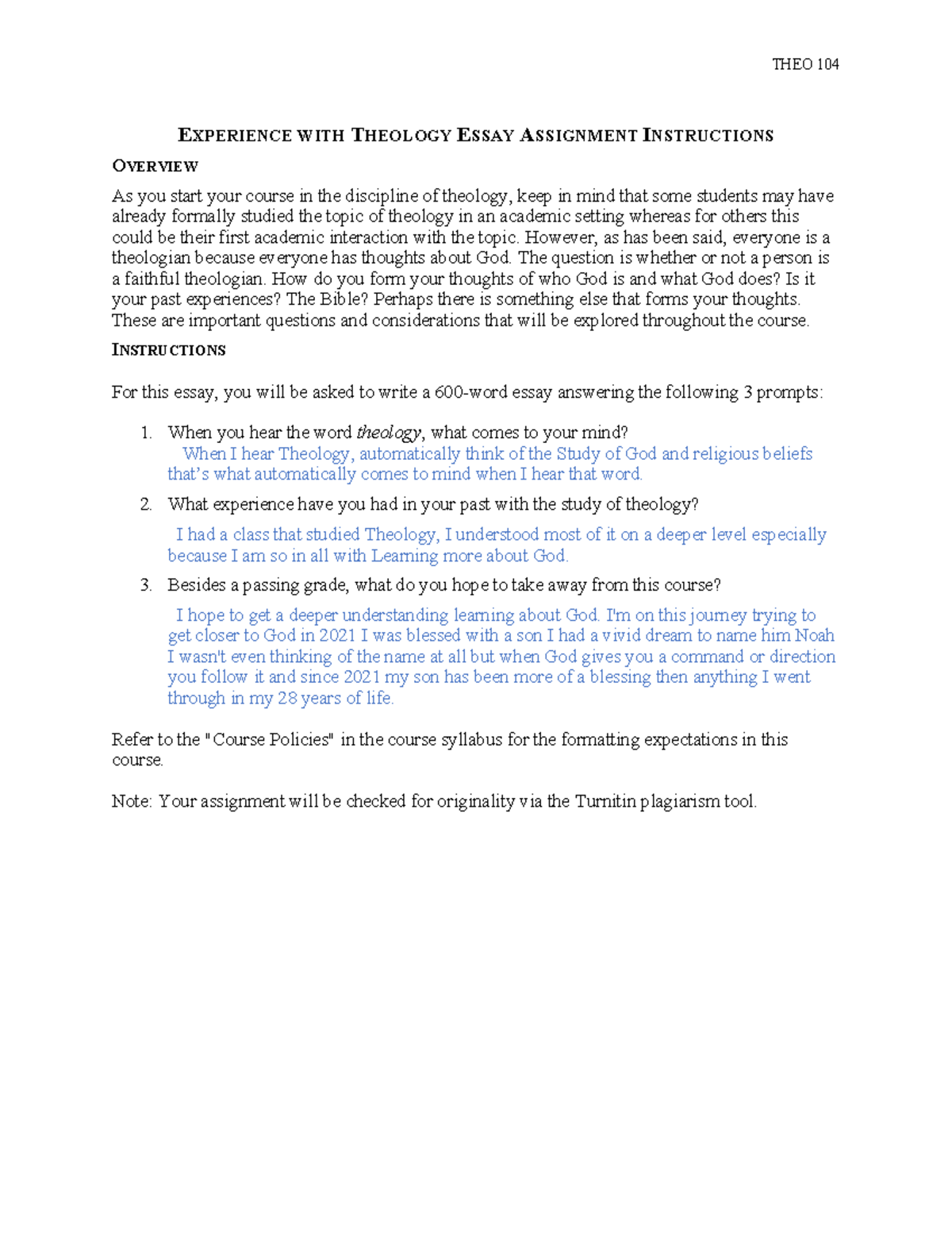 THEO 104 Essay Assignment: Exploring Personal Theology Insights - Studocu