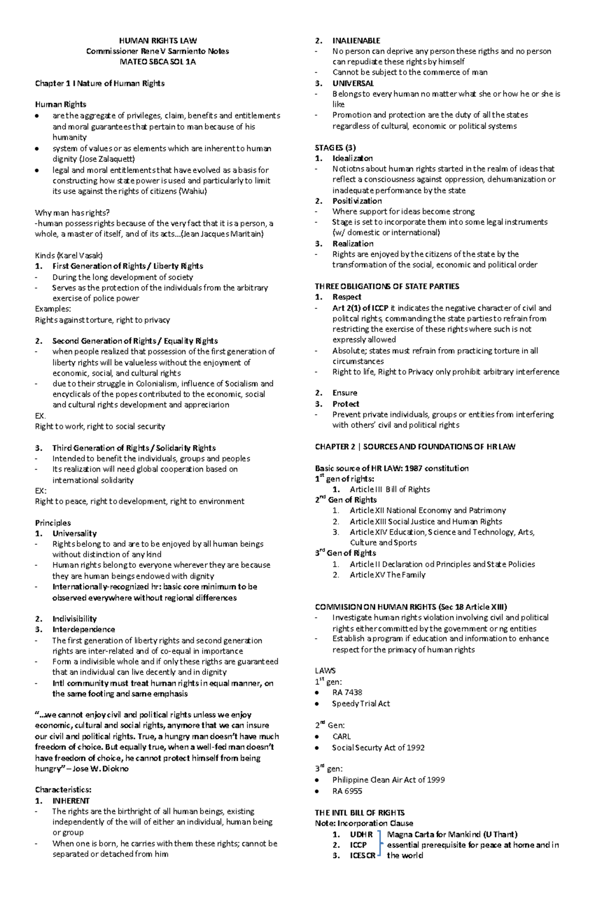 HUMAN RIGHTS LAW Notes: MATEO SBCA SOL 1A - Chapter 1 Overview - Studocu