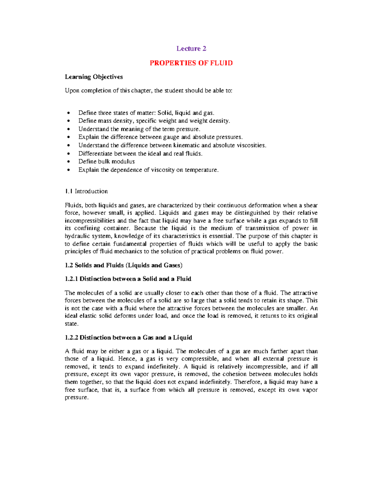 Lecture 2: Properties of Fluid Mechanics and Key Concepts - Studocu