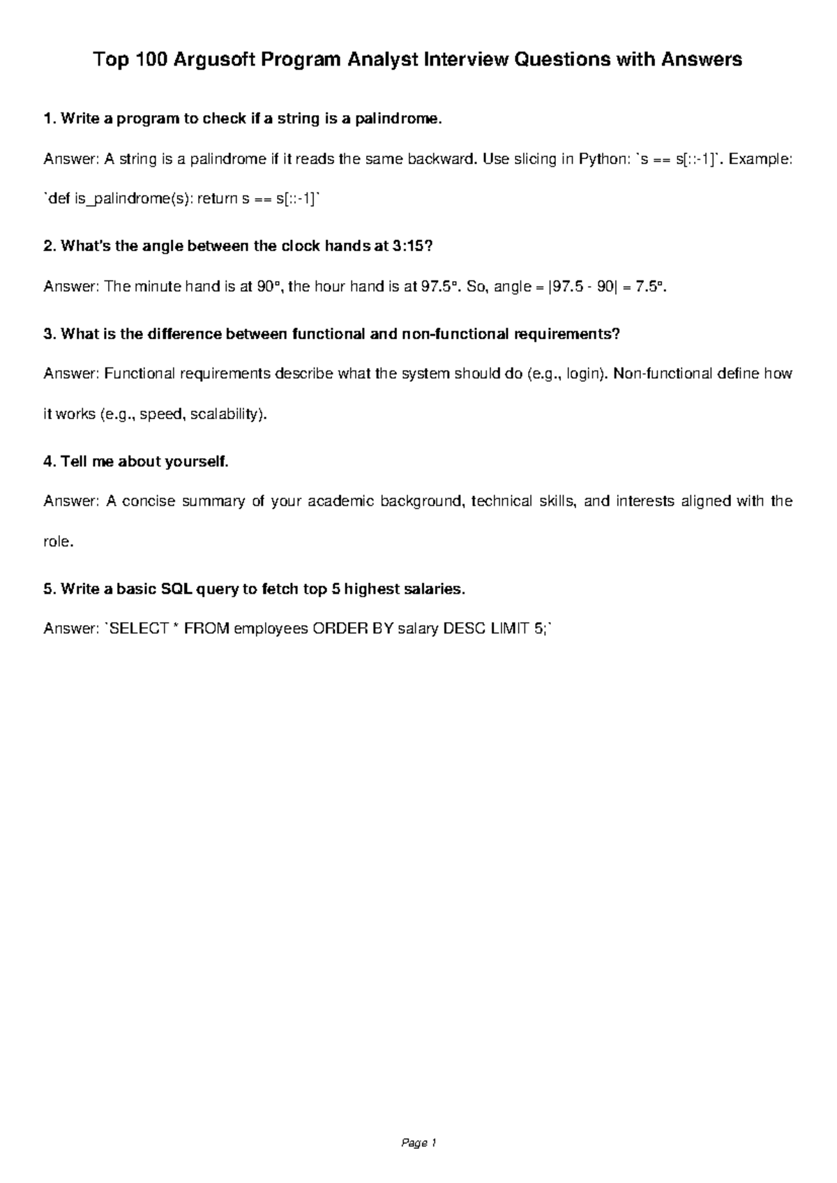 885511459 Argusoft Top 100 Program Analyst Interview Q&A - Studocu