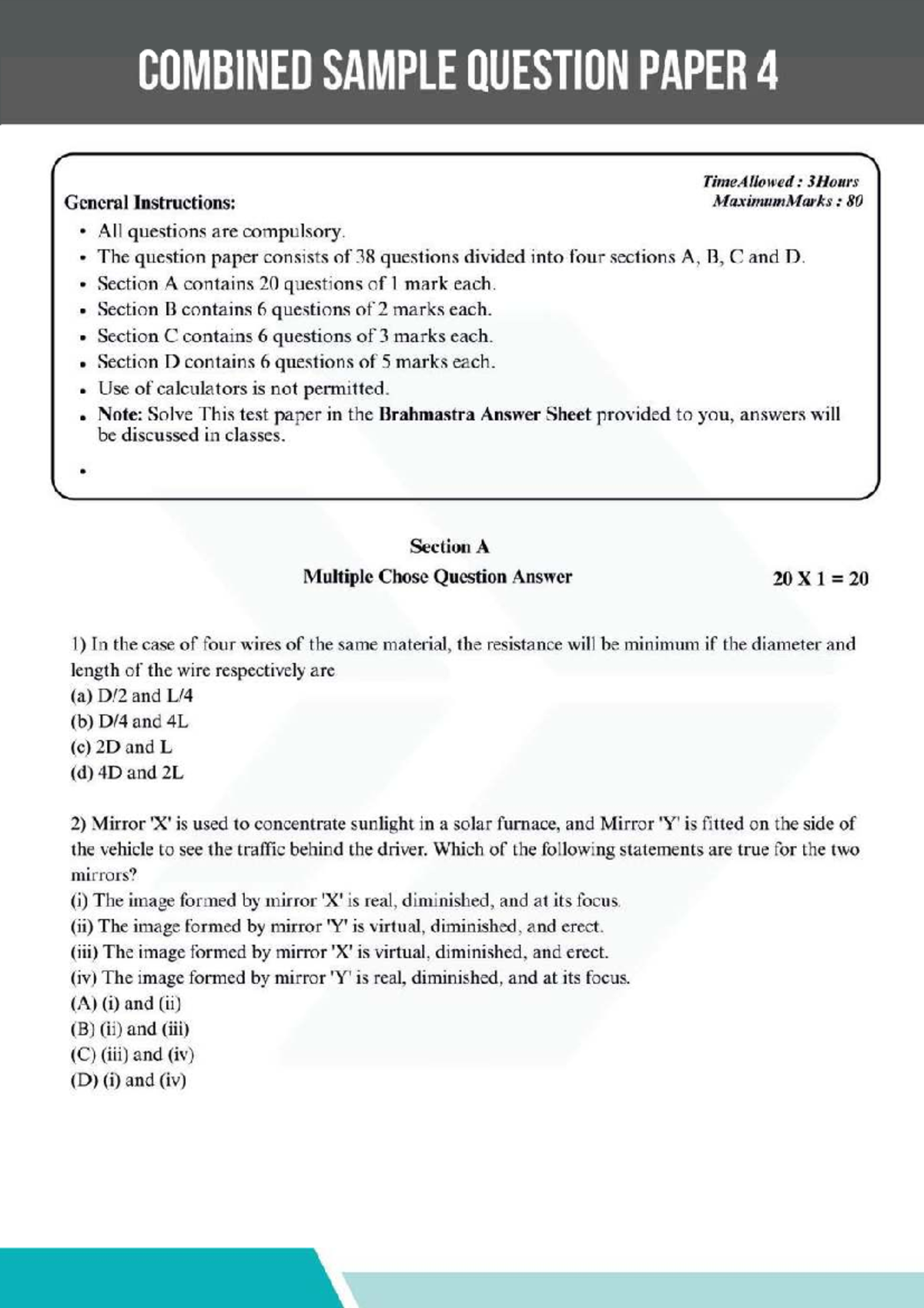 Combined Sample Question Paper 4: Comprehensive Exam Review - Studocu
