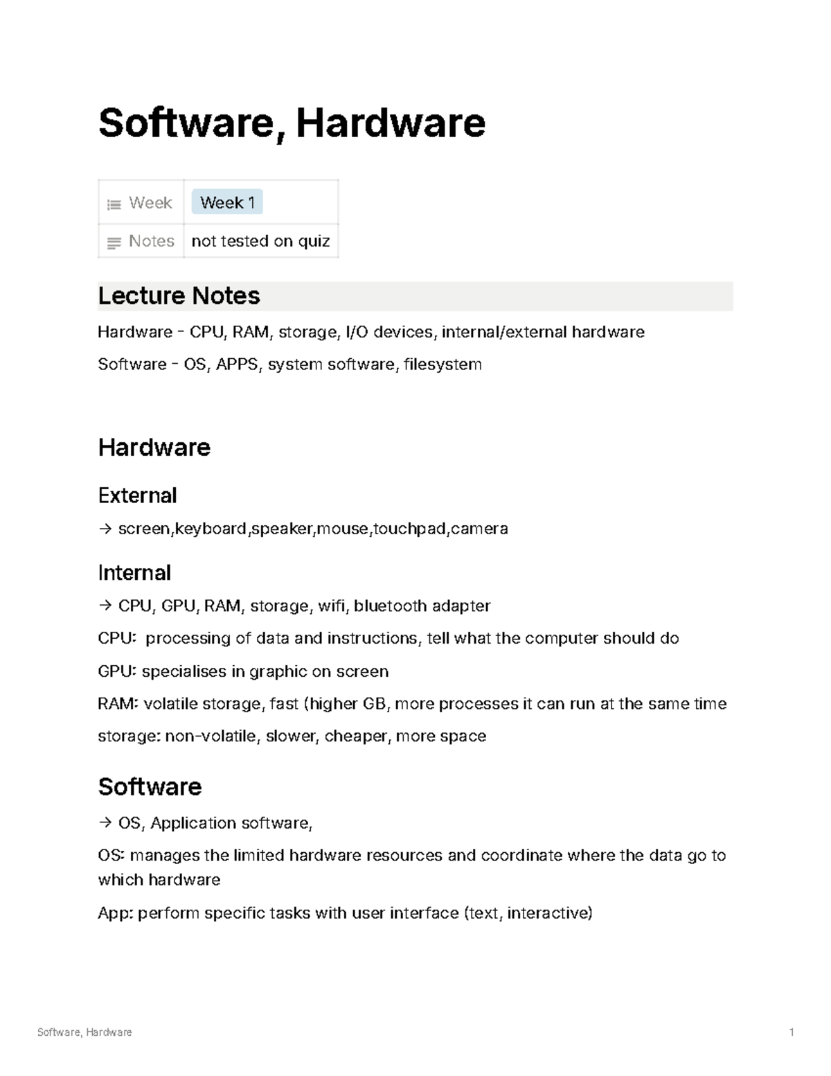 IS114 Week 1 - software,hardware personal notes - Software, Hardware 1 ...