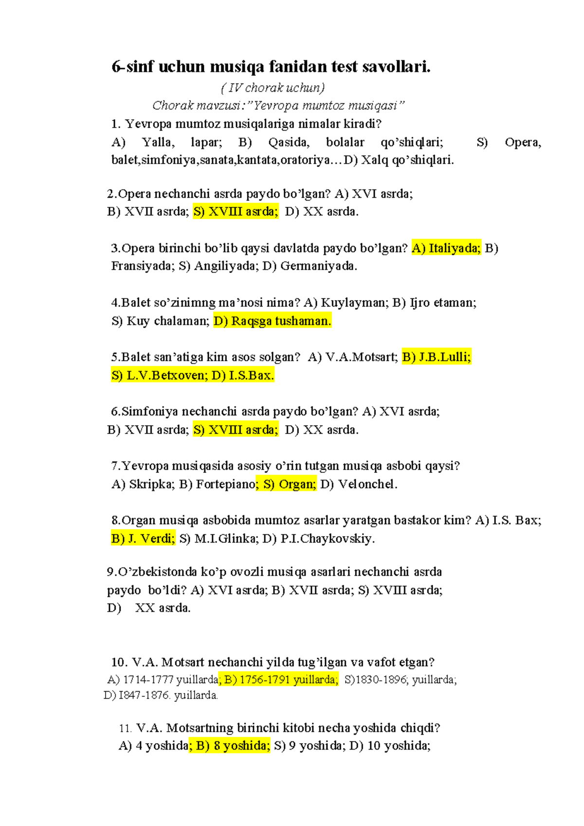 6-sinf uchun musiqa fanidan test savollari (IV chorak) - Yevropa mumtoz ...