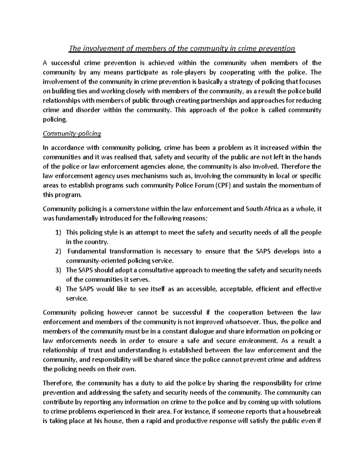 Community Involvement in Crime Prevention: Insights for POL2601 ...