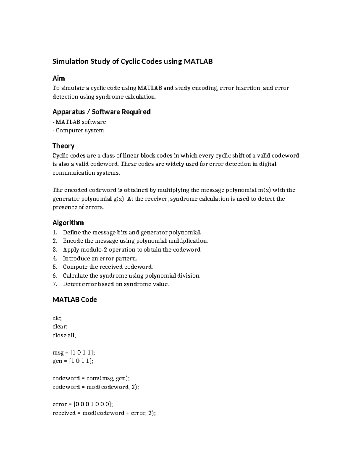 Cyclic Code Simulation Study - EXP7 Practical Using MATLAB - Studocu