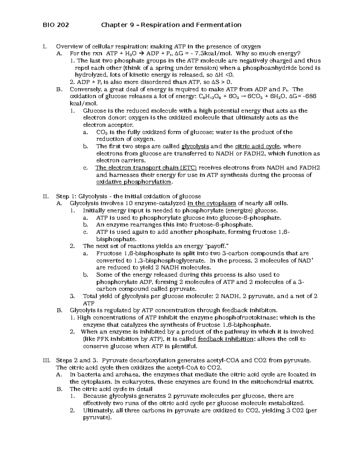 Ch. 9 outline - BIO 202 Chapter 9 – Respiration and Fermentation I ...