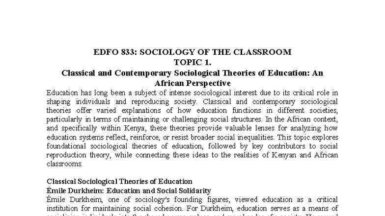 EDFO 833 Lesson 1-3 August 25 - EDFO 833: SOCIOLOGY OF THE CLASSROOM ...