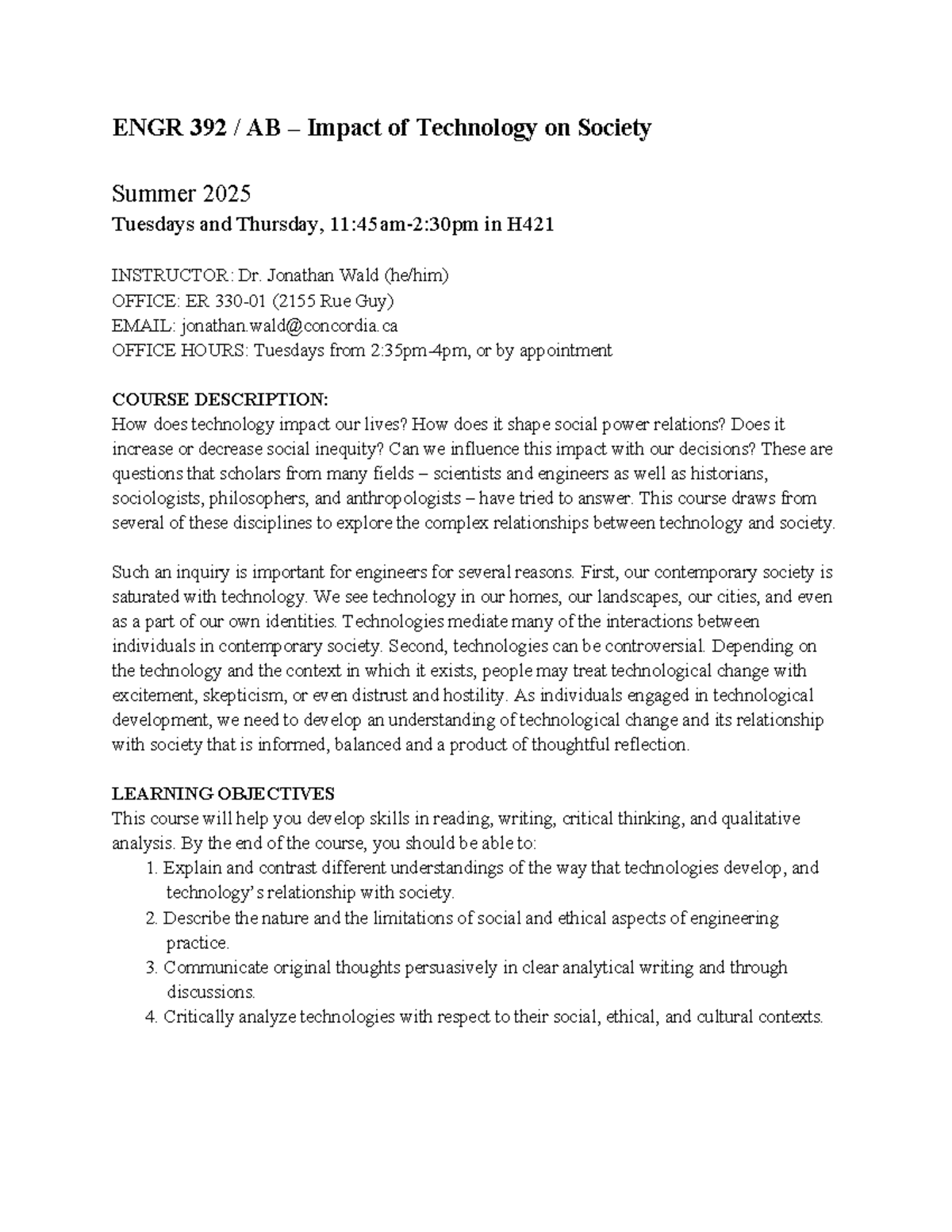 ENGR 392 S25: Impact of Technology on Society - Course Syllabus - Studocu