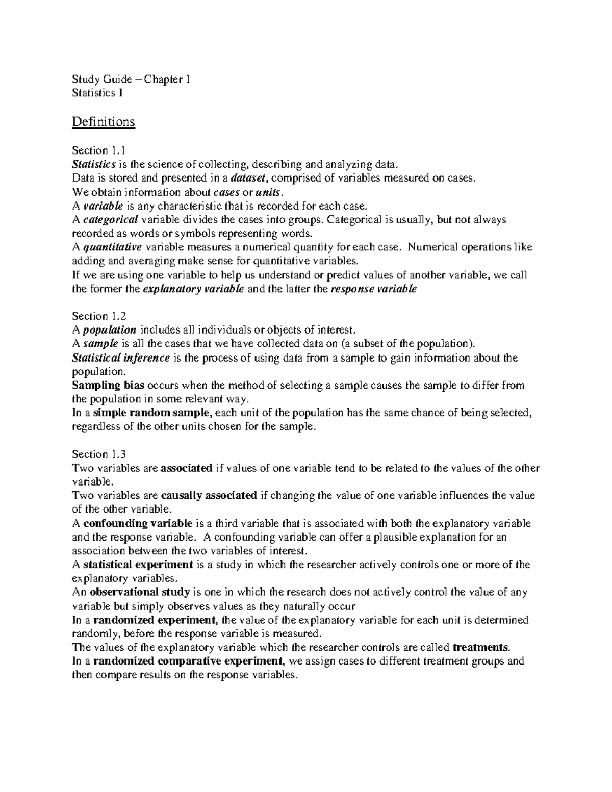 Statistics I Chapter 1 Study Guide: Key Concepts and Definitions - Studocu