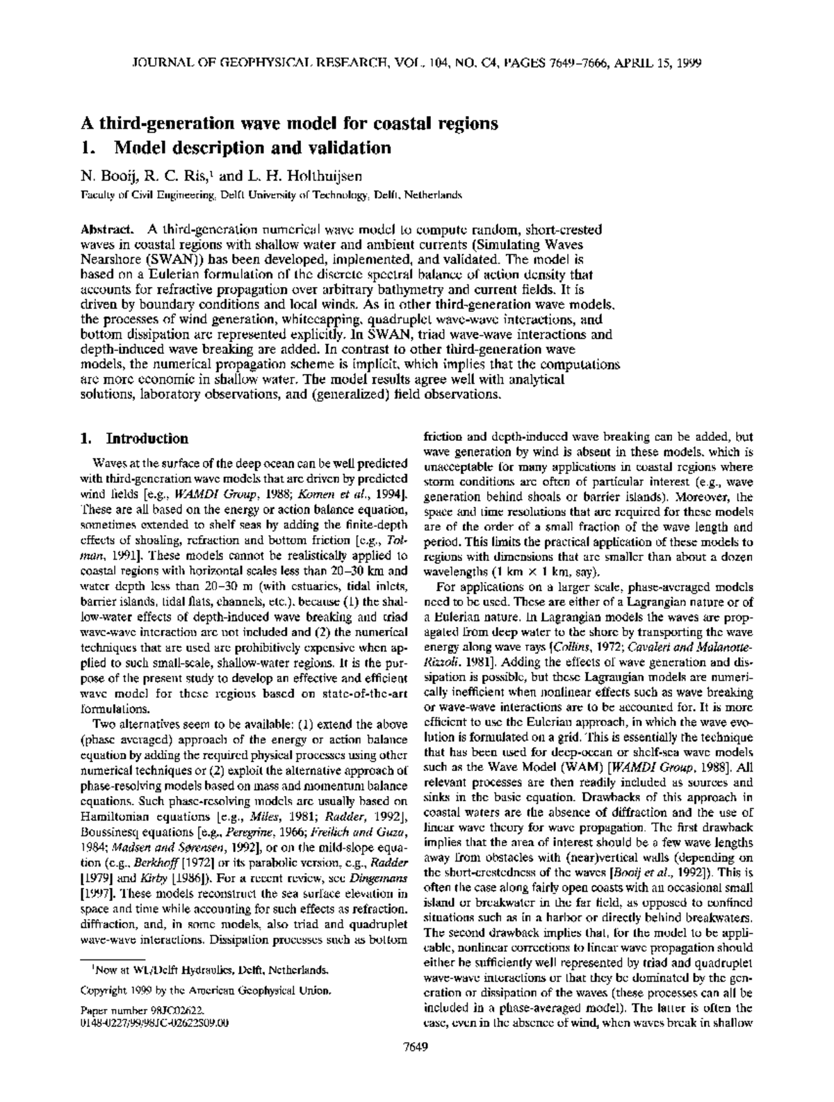 A third‐generation wave model for coastal regions 1 Model - JOURNAL OF ...