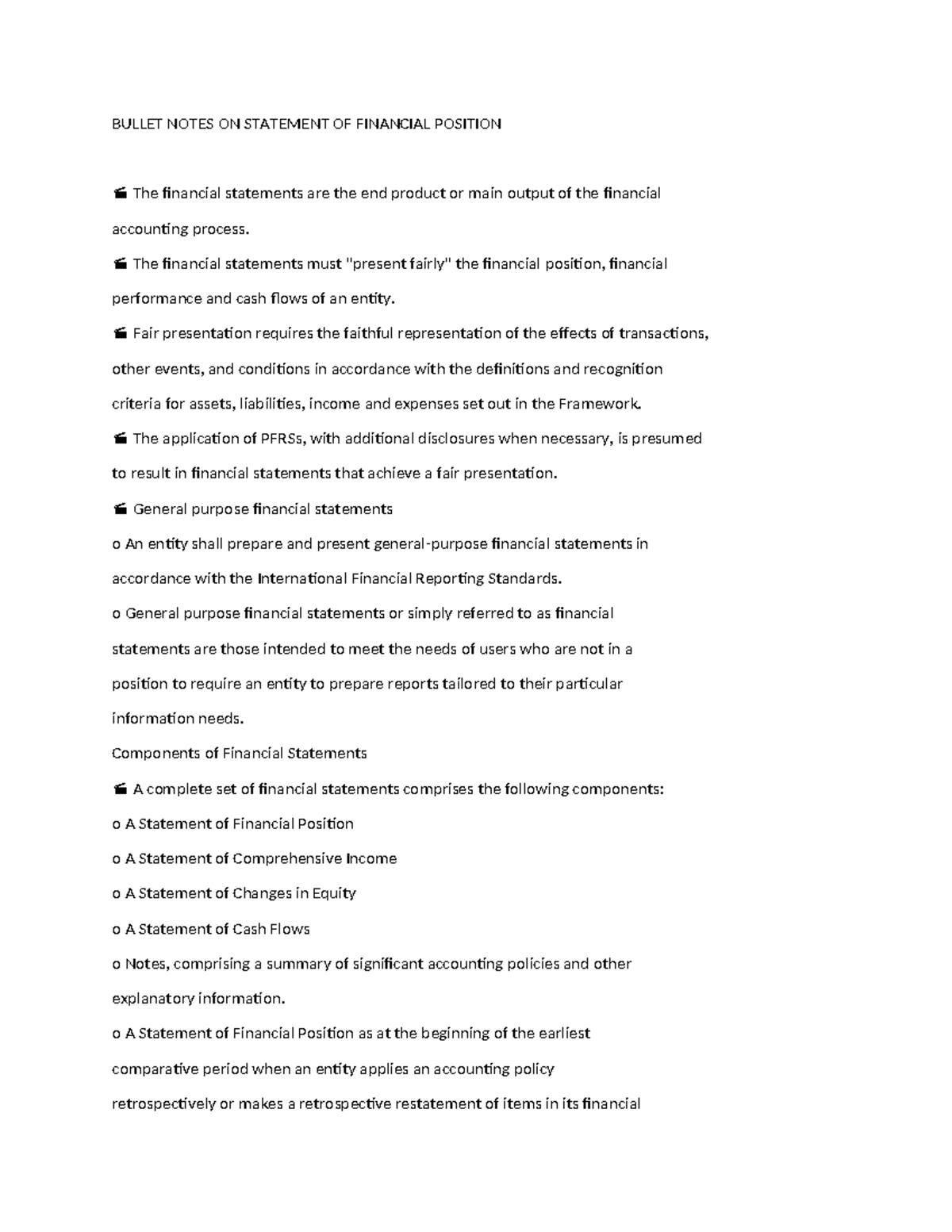 BULLET NOTES ON FINANCIAL POSITION (ACCT 101) - Studocu