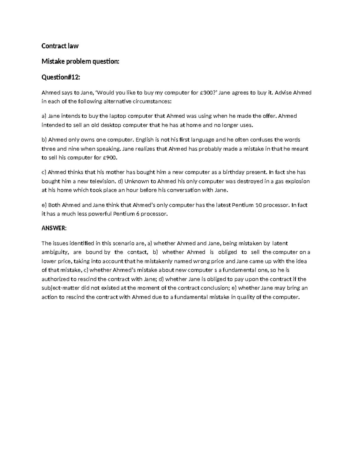 Contract LAW Mistake Problem Question#12 - Contract law Mistake problem ...