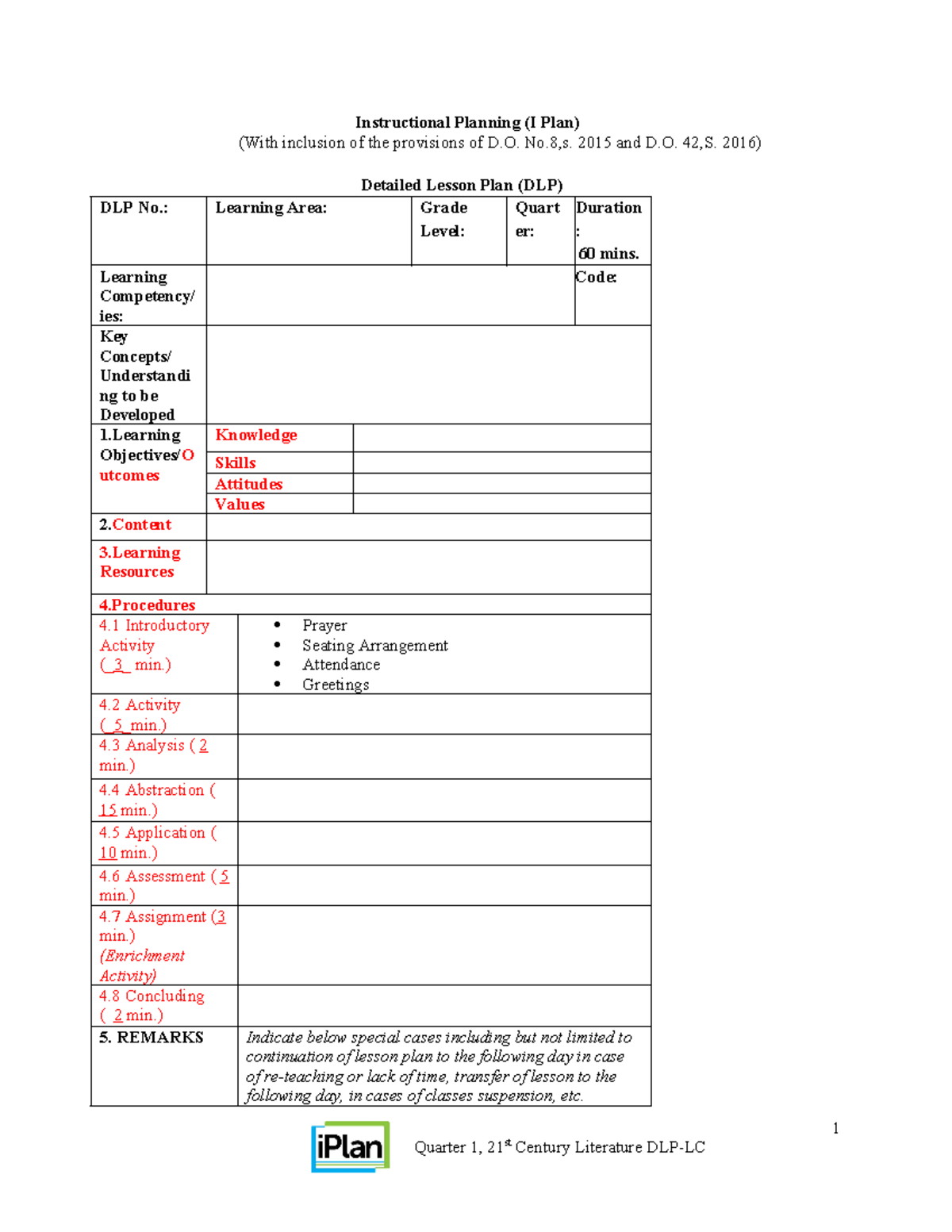 LP Template - Instructional Planning (I Plan) (With inclusion of the ...