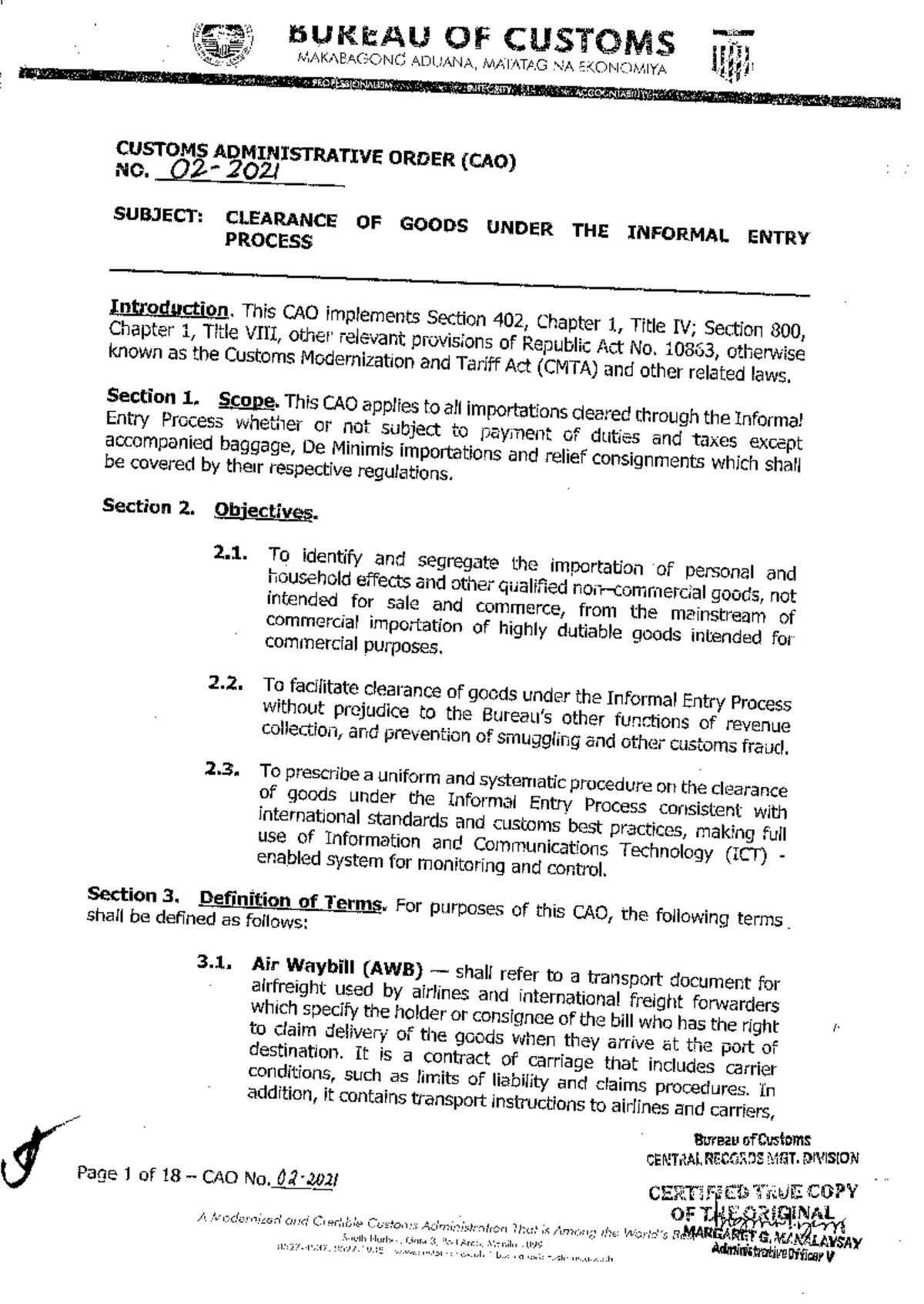CAO-02-2021 Declaration Guidelines for Informal Entry - Studocu