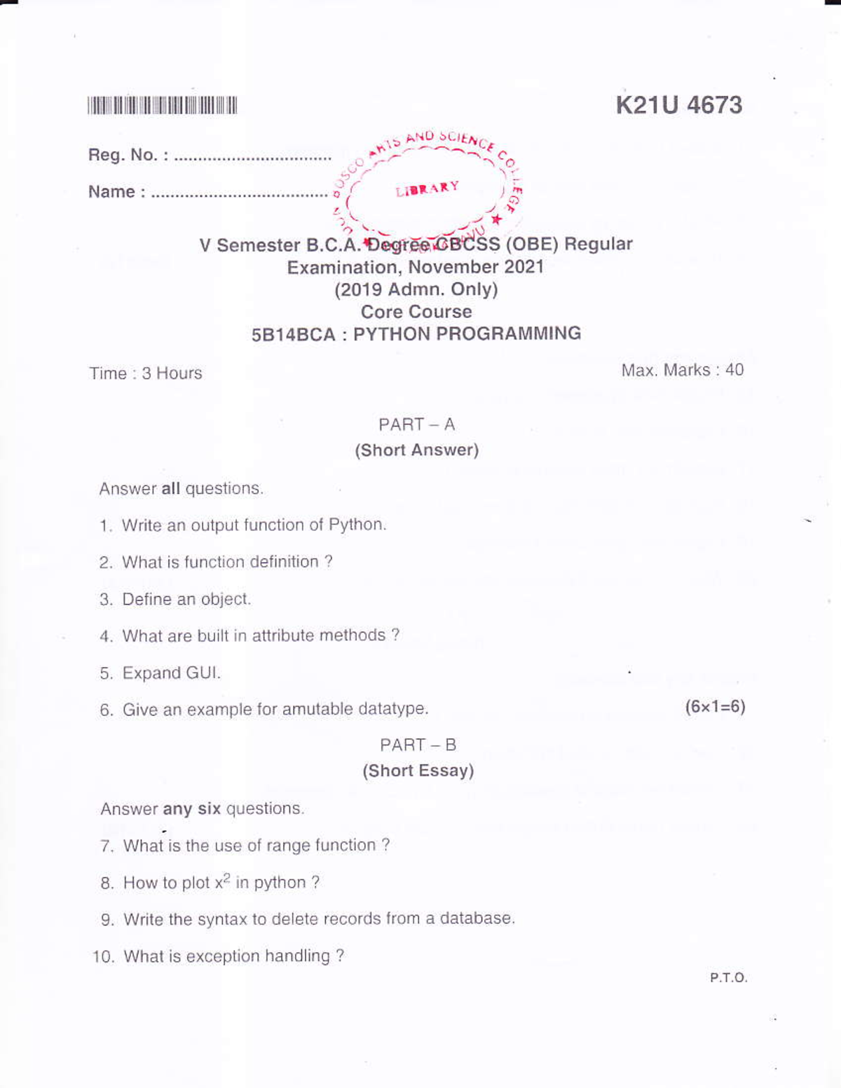 K21U 4673: Python Programming Regular Exam Nov 2021 (Short Answer ...