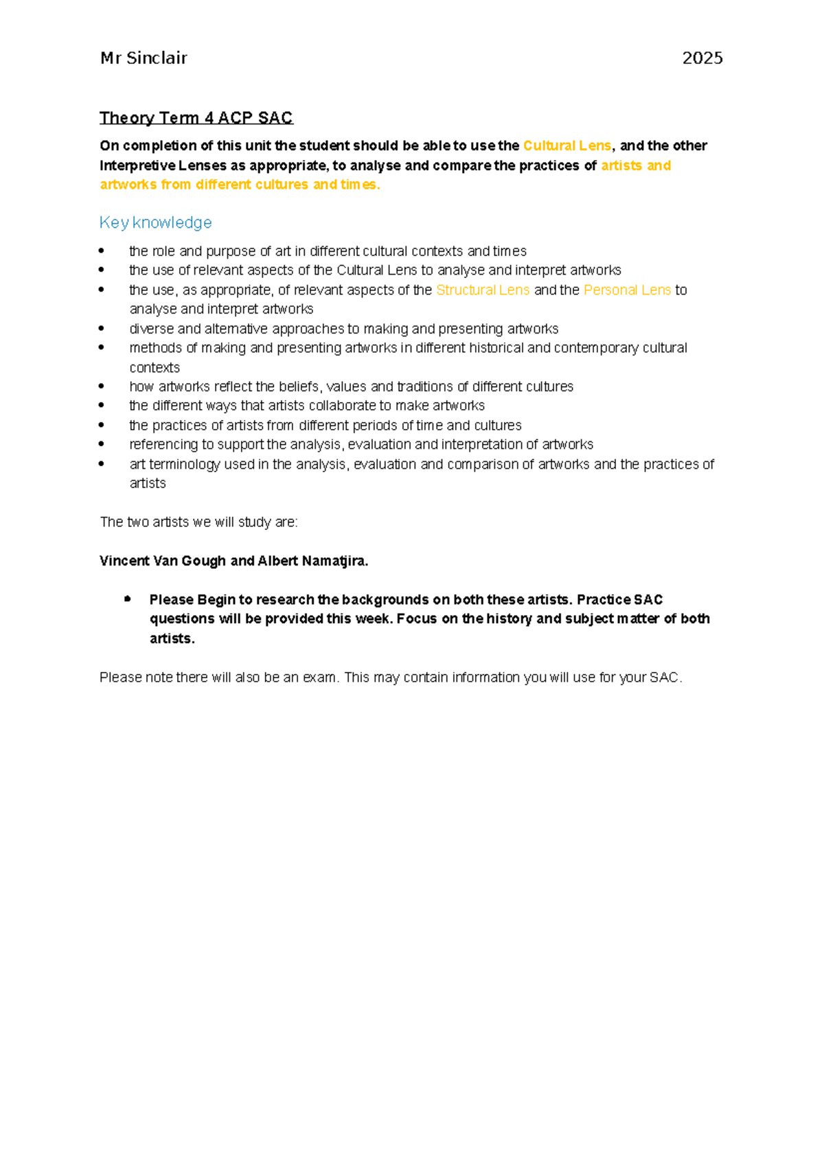 Mr Sinclair 2025 Theory Term 4 ACP SAC: Art Analysis & Cultural Lenses ...