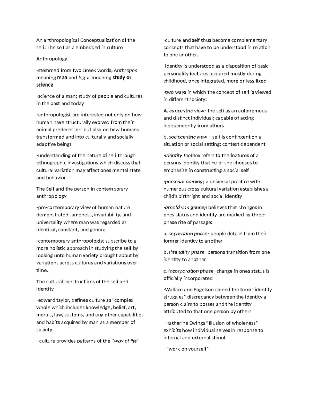 Anthropology 101: The Self Embedded in Culture - Lecture Notes - Studocu