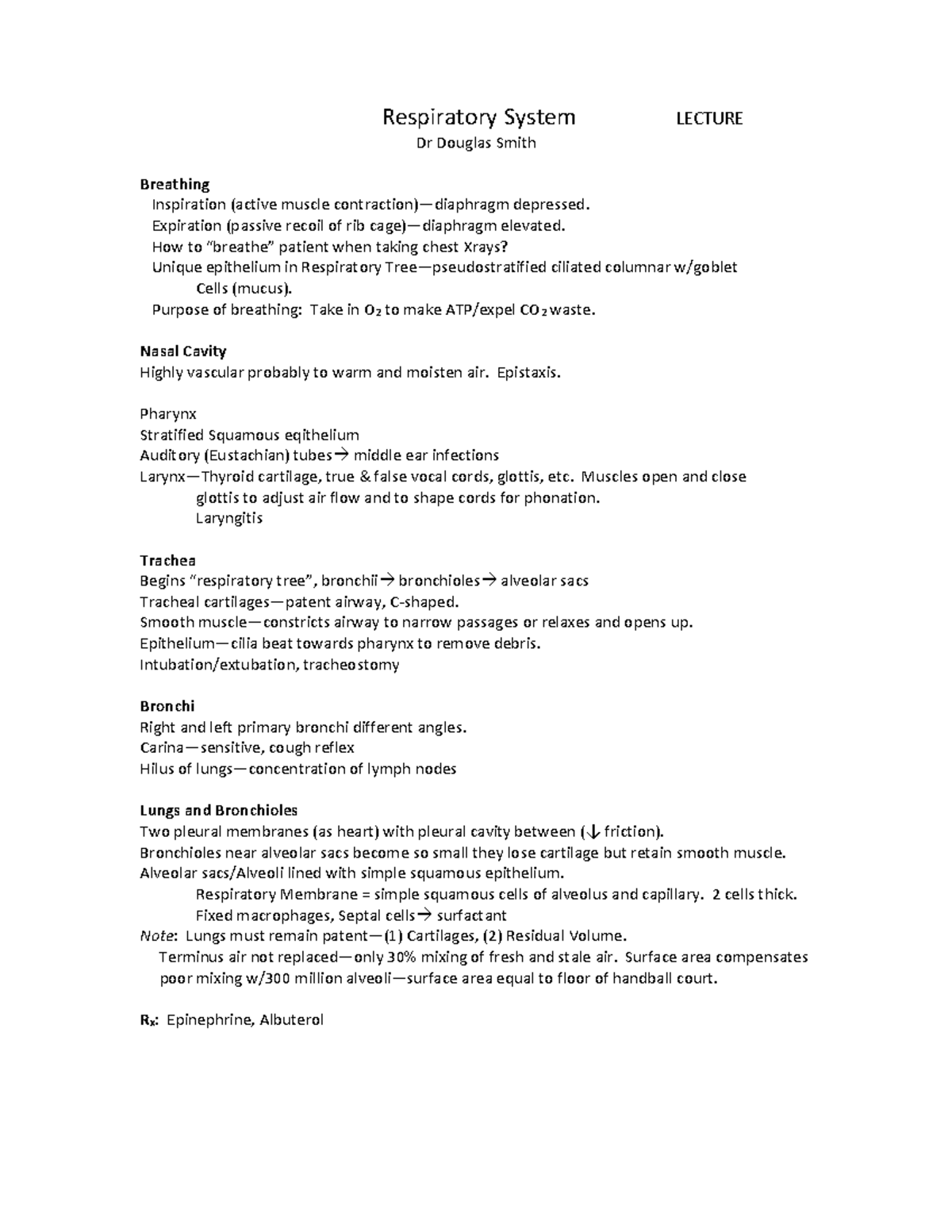 Respiratory System - Lecture Notes (Course Code: BIO 101) - Studocu