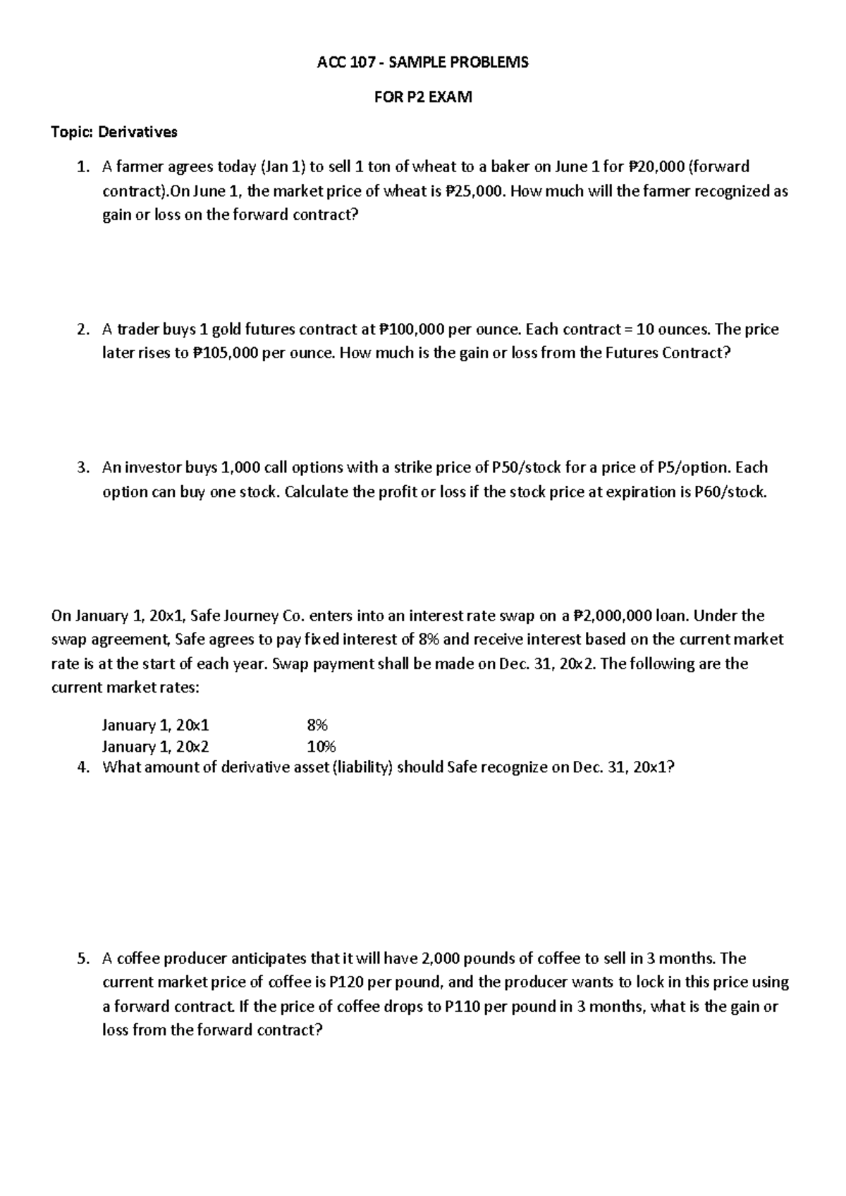 ACC 107 Sample Problems for P2 Exam: Derivatives and Contracts - Studocu