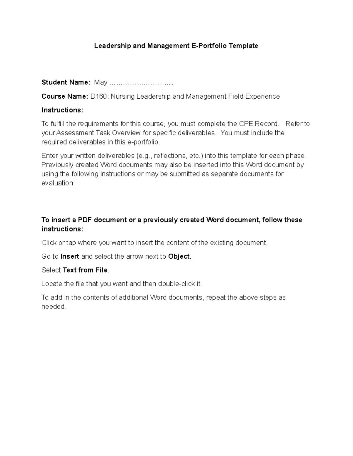 D160: Nursing Leadership & Management CPE Record Template - Studocu