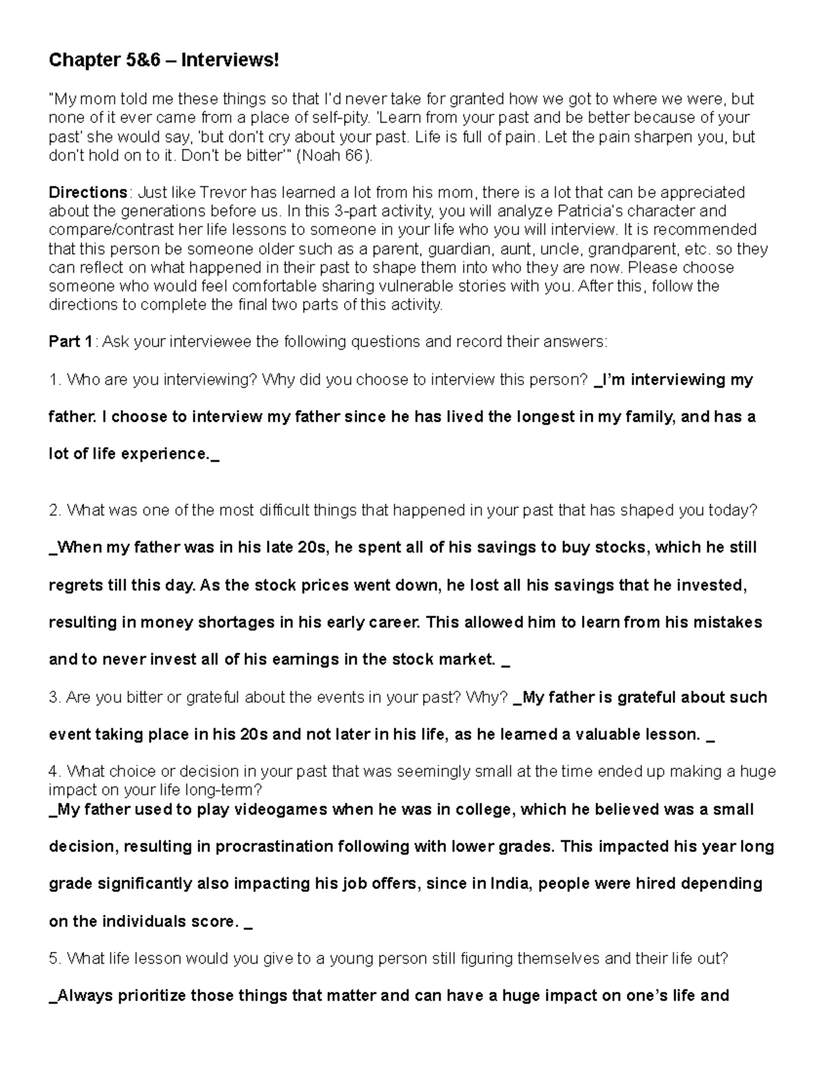 Chapter Interviews: Life Lessons from My Father's Journey - Studocu