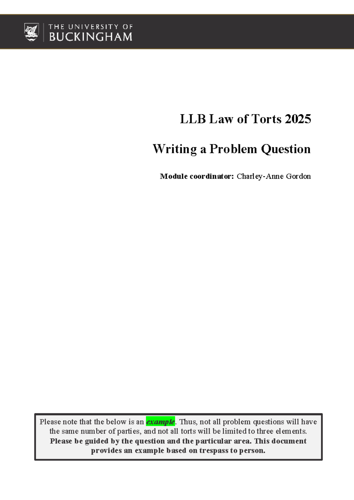 LLB Law of Torts 2025: Guidance on Writing Problem Questions - Studocu