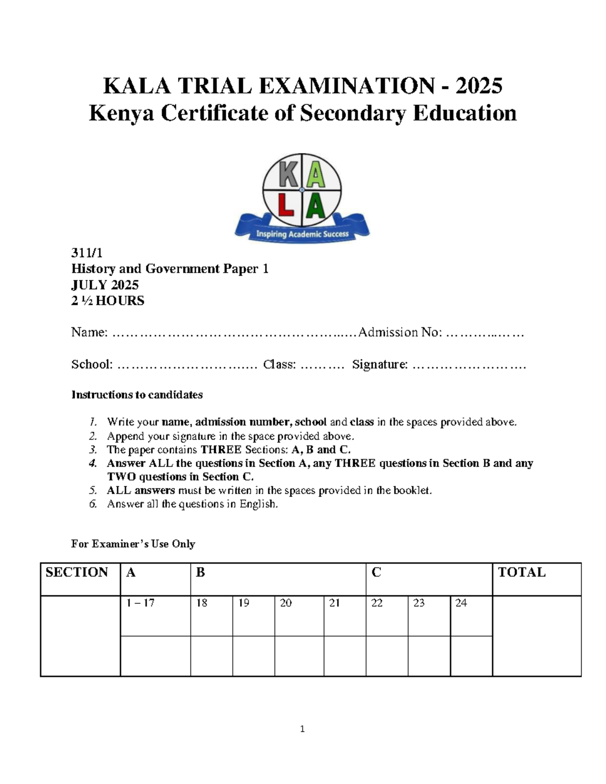 KALA 2025 Trial Exam: History & Government Paper 1 Questions - Studocu
