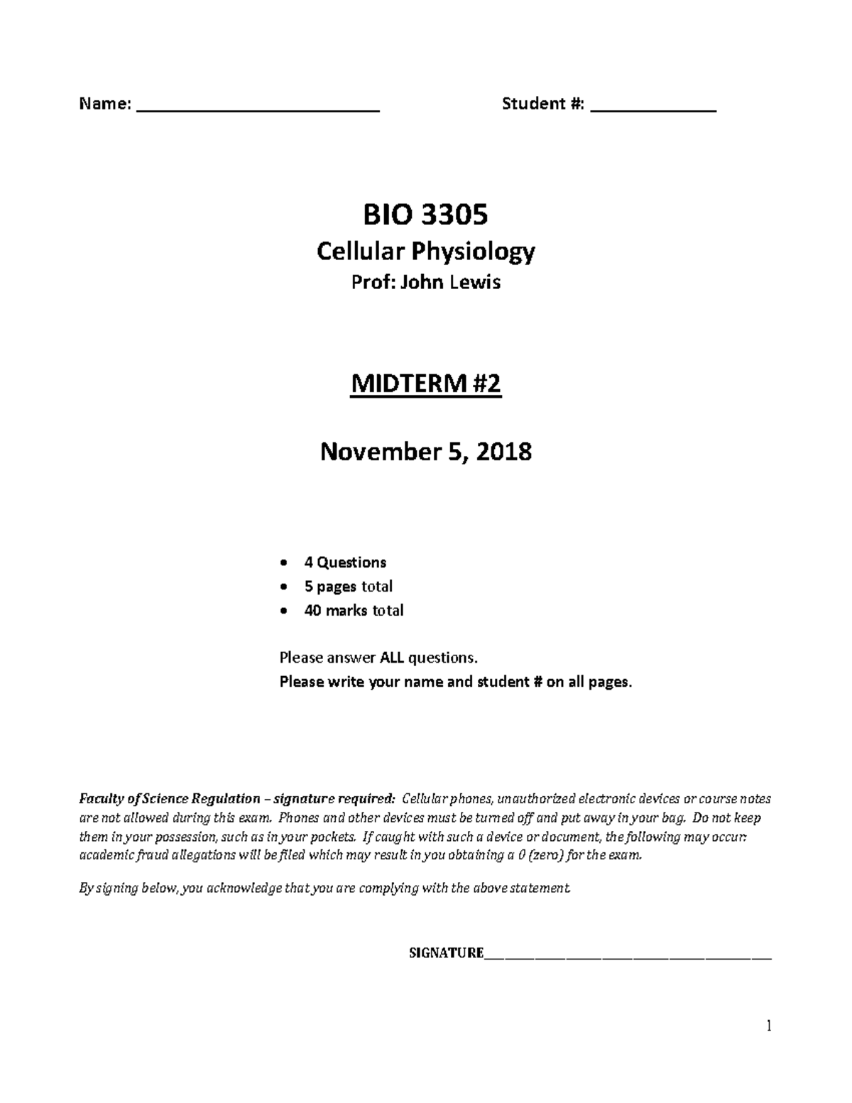 BIO 3305 Midterm 2 2018 Answer Guidelines for Cellular Physiology - Studocu