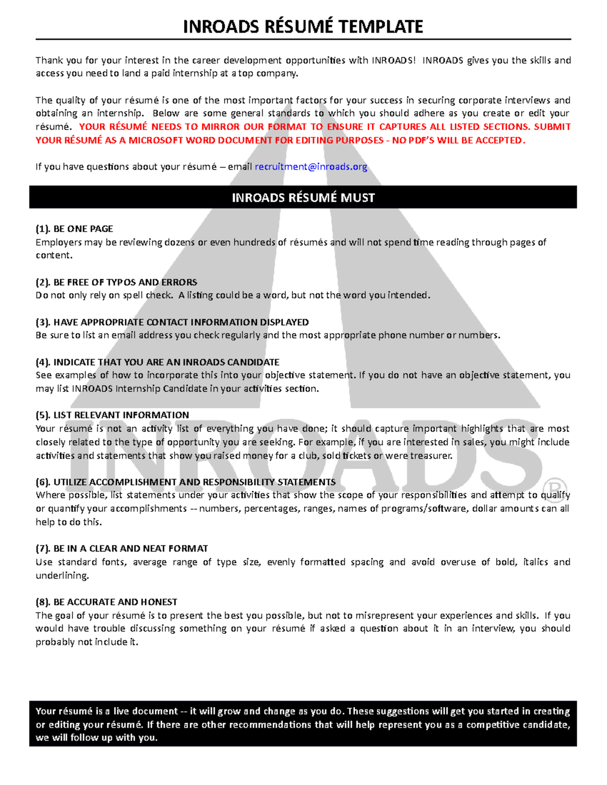 Revised INROADS Résumé Template for Internship Applications - Studocu