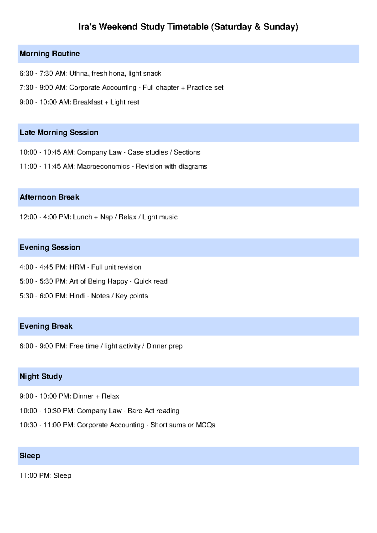 Ira Weekend Study Timetable: Morning to Night Study Plan - Studocu