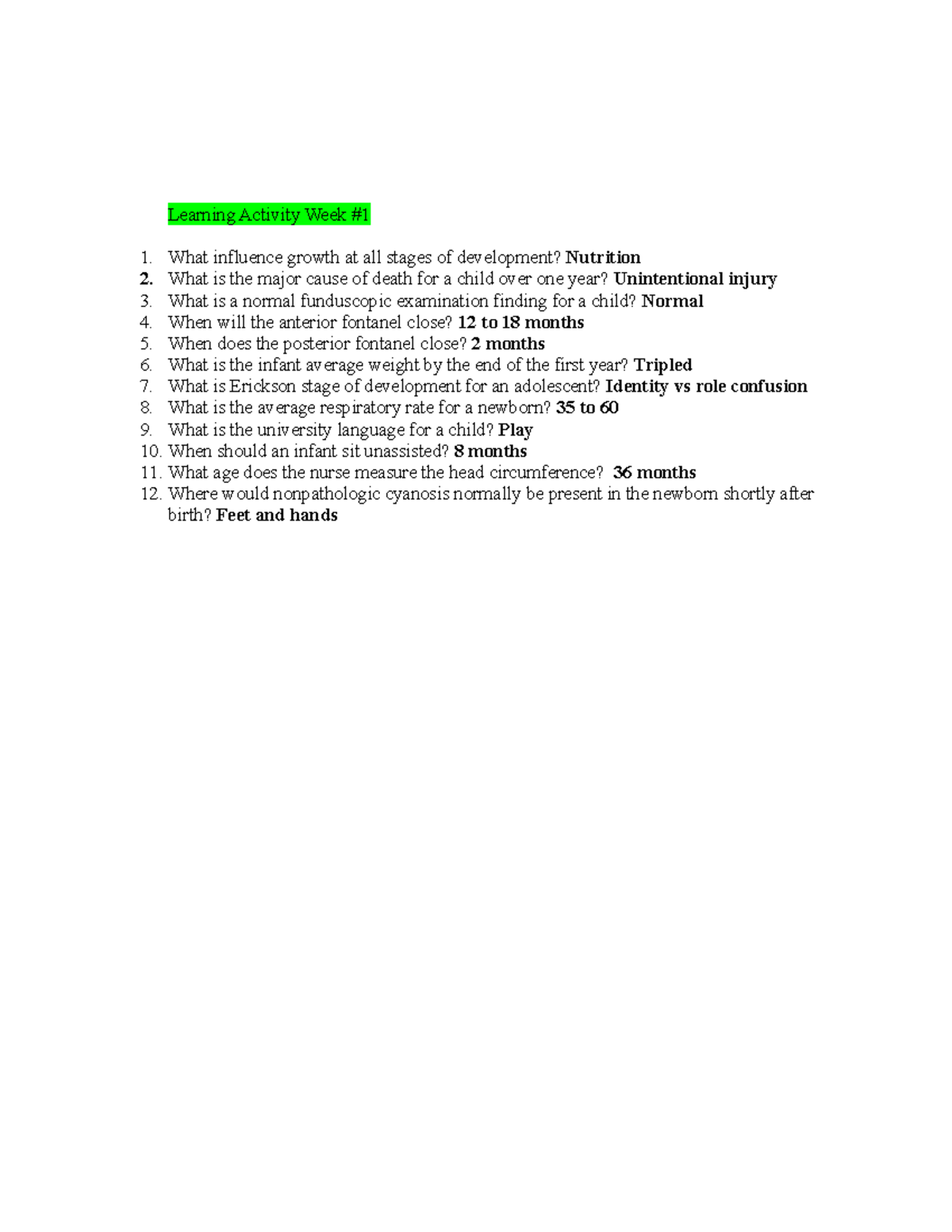 N307 Learning Activity Week 1: Child Development Insights - Studocu