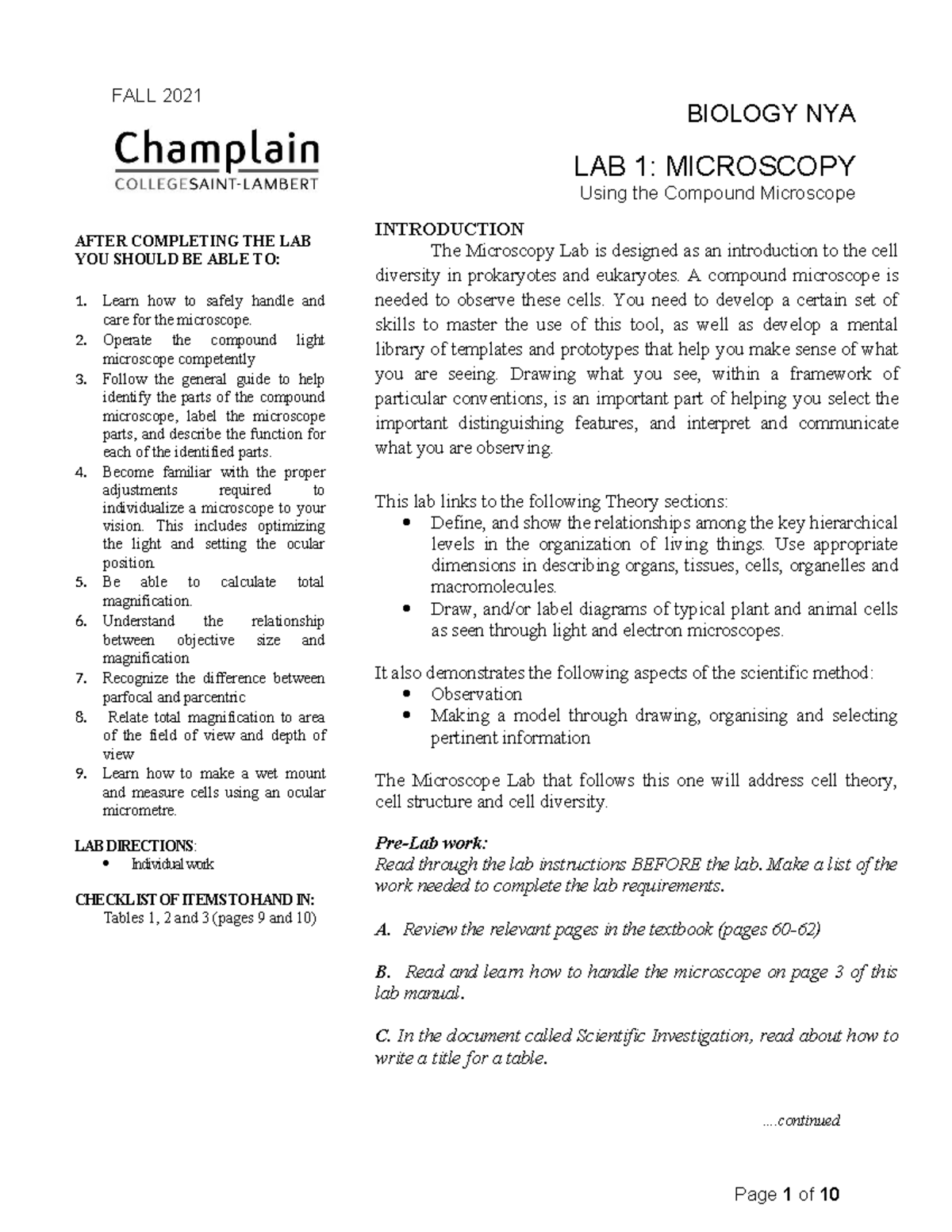 FALL 2021 BIOLOGY NYA LAB 1: MICROSCOPY & COMPOUND MICROSCOPE SKILLS ...