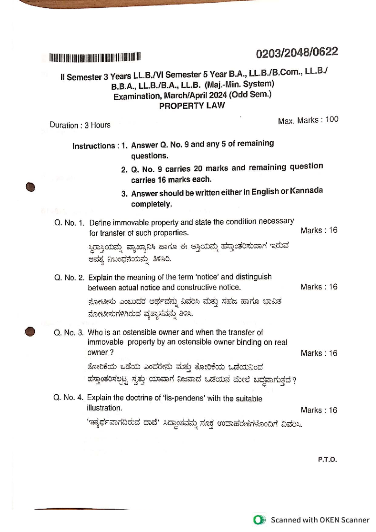 Property Law Exam (B.A., B.B.A., LL.B.) - II Sem, Mar-Apr 2024 - Studocu