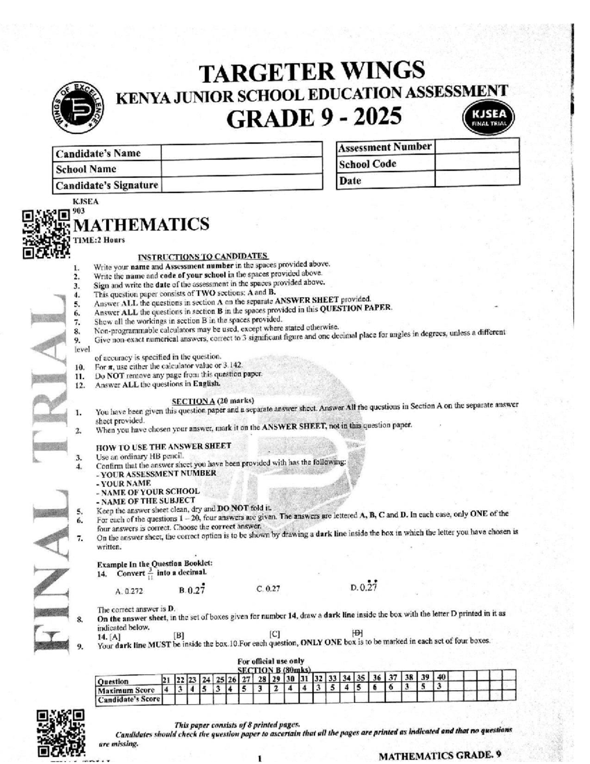 KJSEA MATH PREDICTIONS WEEKEND PAPER - SECTION A & B - Studocu
