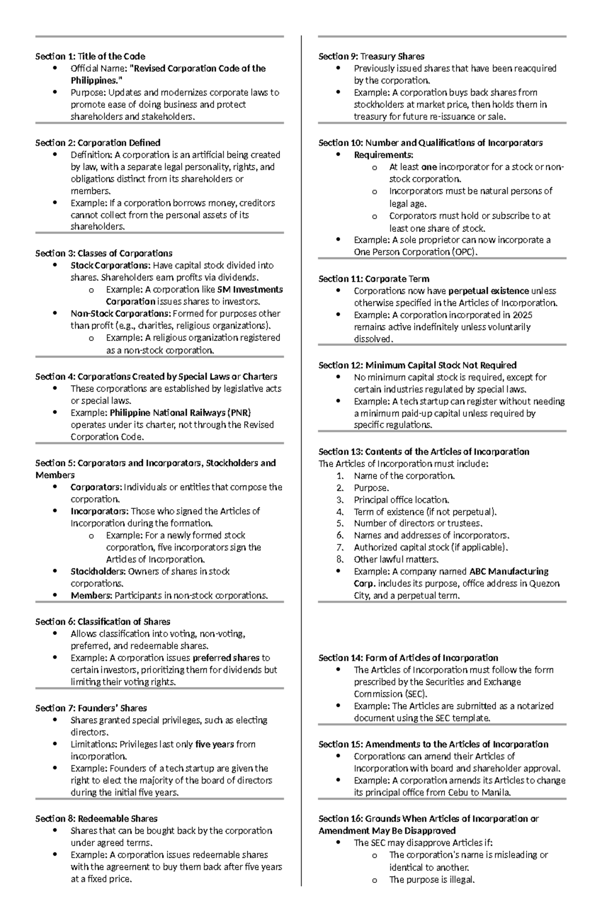 CORP - Highlights Sections 1 to 21 of the Revised Corporation Code ...