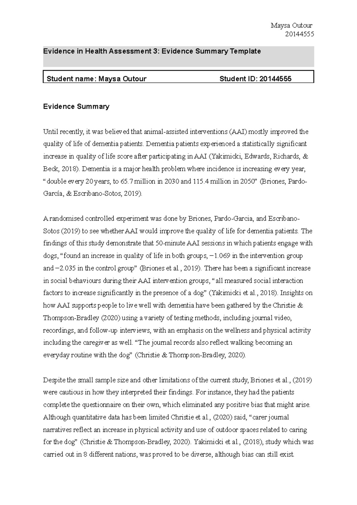 Assessment 3 Evidence Summary - 20144555 Evidence in Health Assessment ...
