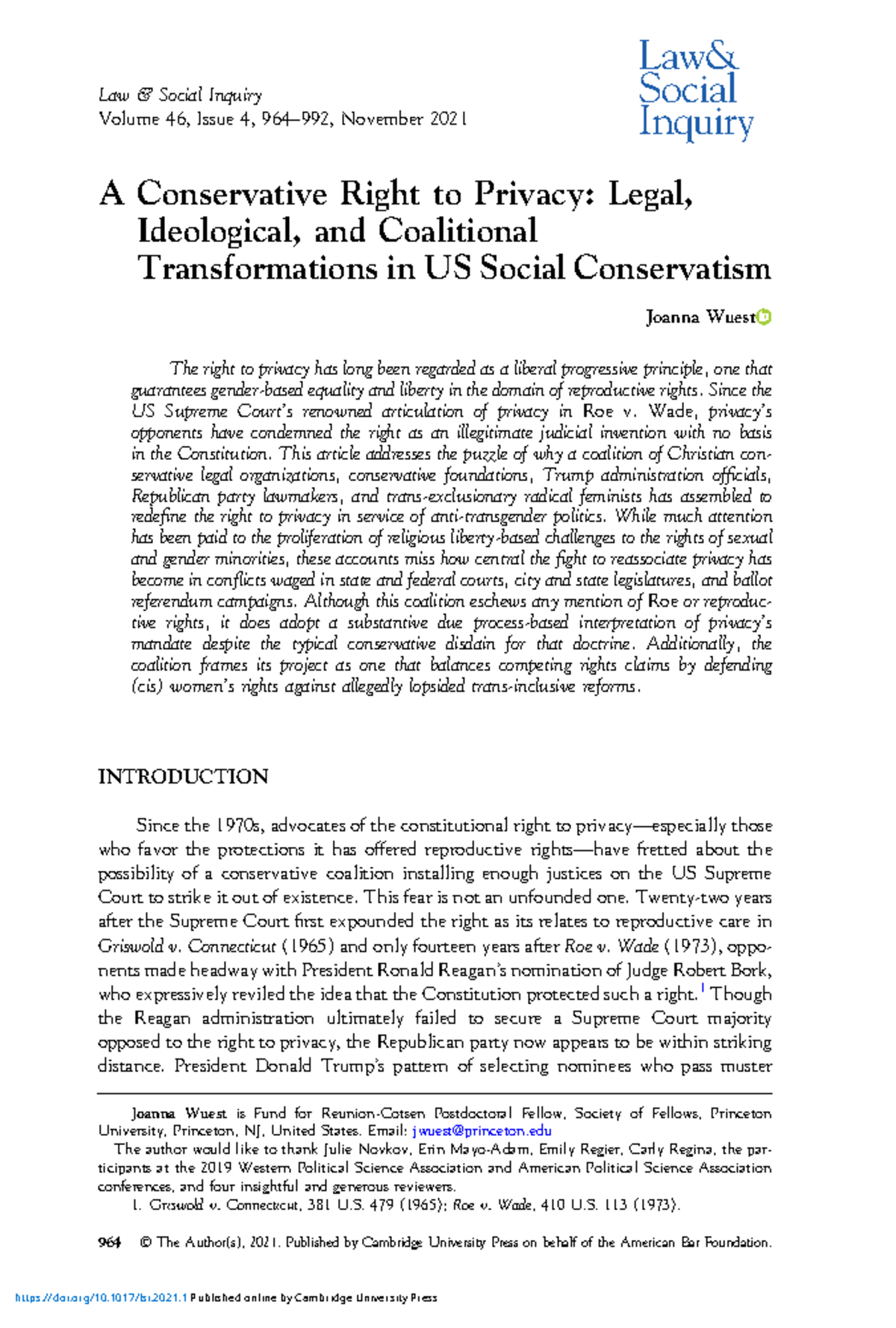A Conservative Right to Privacy: Legal and Social Challenges to Trans ...