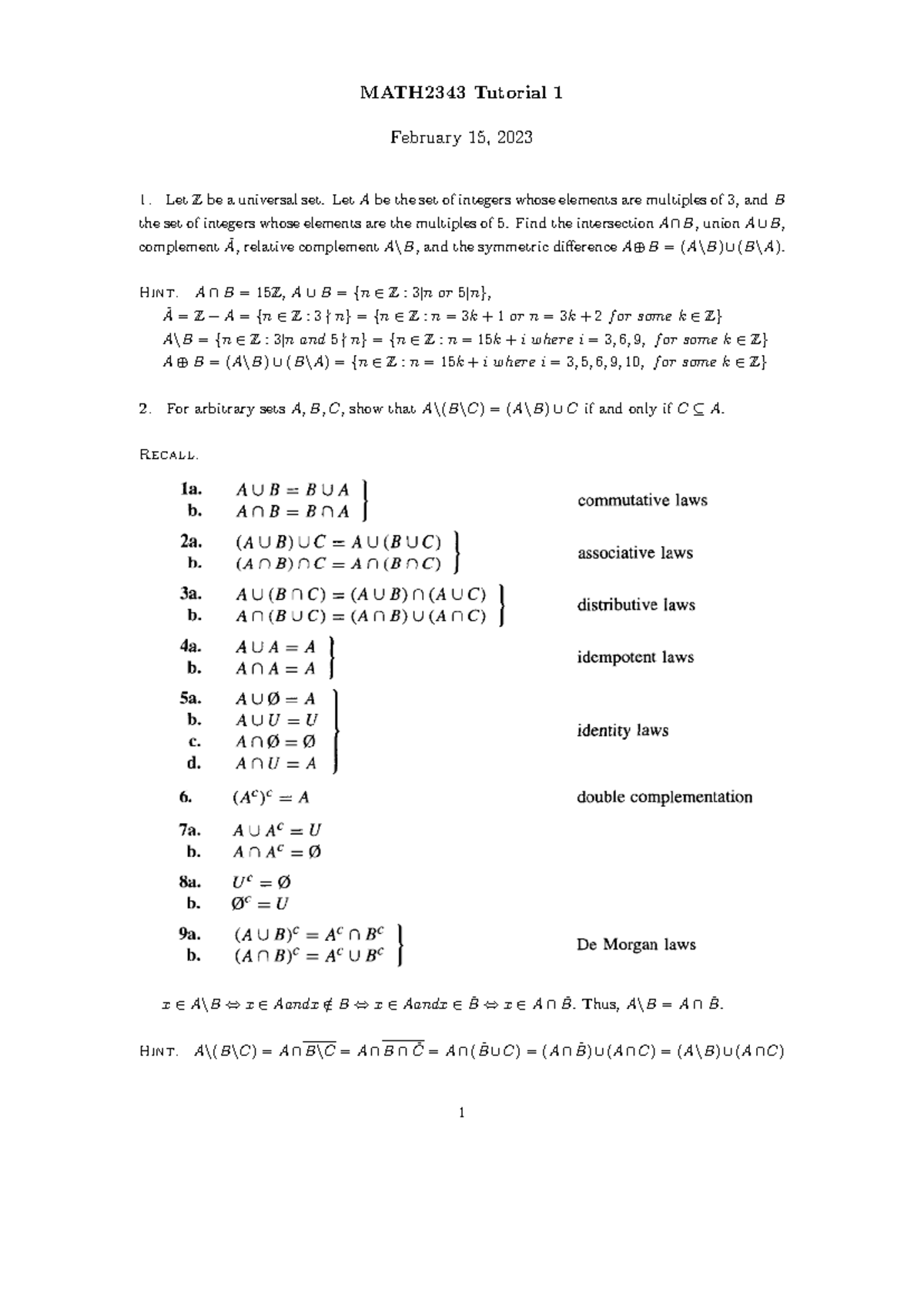 MATH2343 Tutorial 1: Set Theory Concepts and Exercises - Studocu