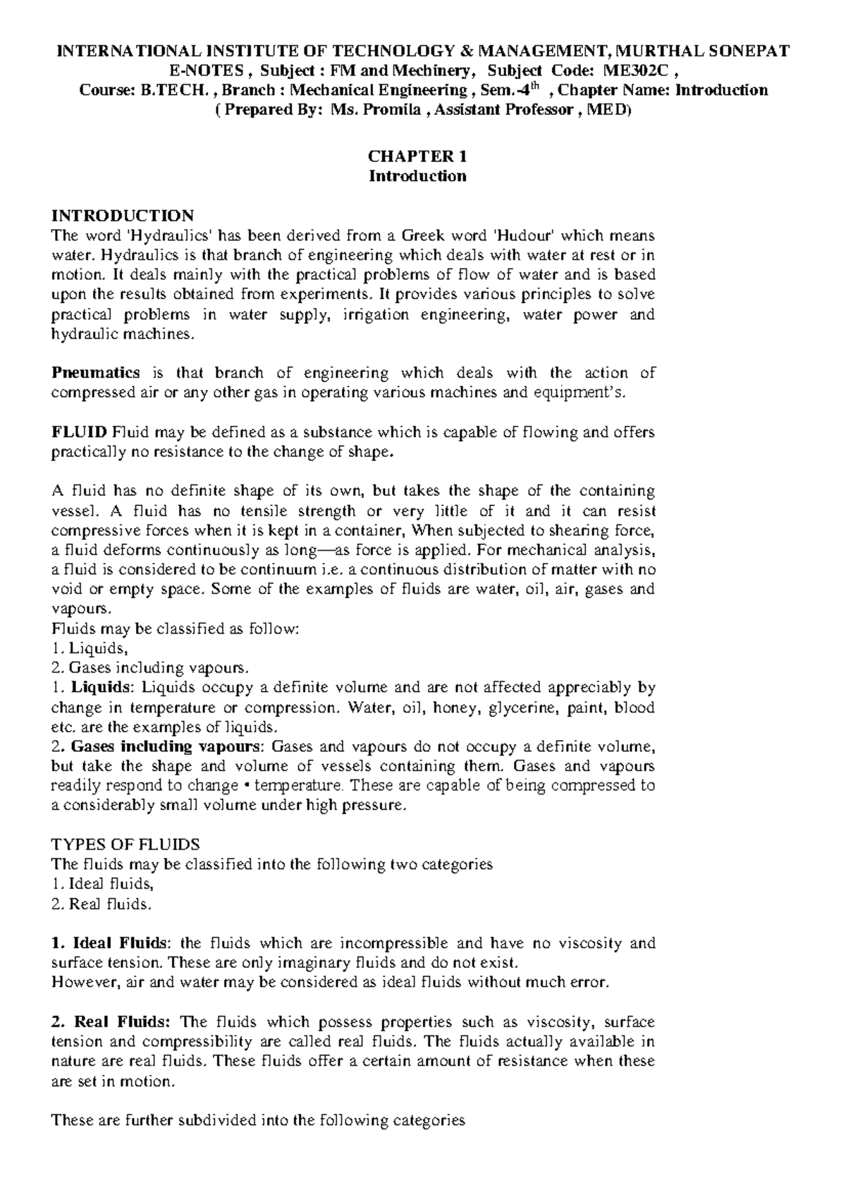 B.TECH ME302C: Fluid Mechanics - Chapter 1 Introduction Notes - Studocu